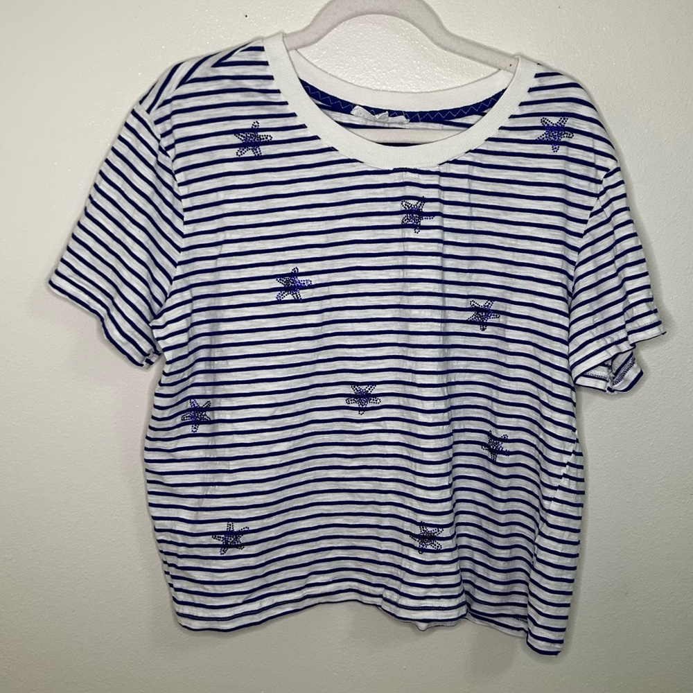 Jane and Delancey blue and white striped star patterned top